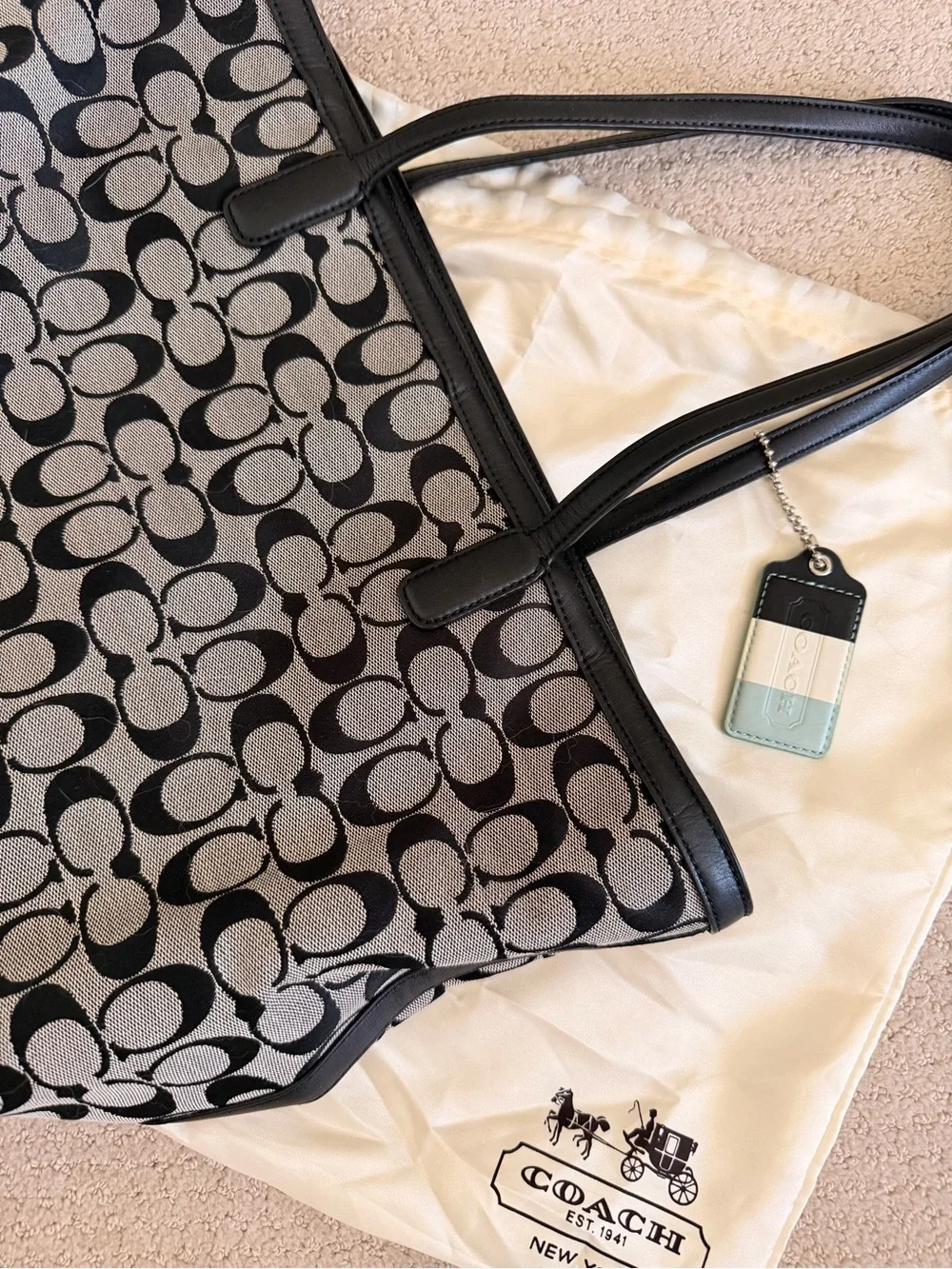 Coach Black and Gray Logo Tote with Leather Trim